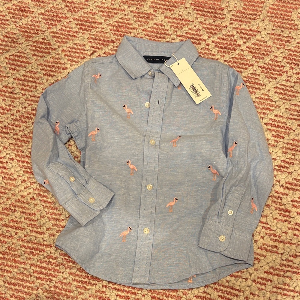 Janie and Jack Blue Flamingo Embroidered Kids Shirt Size 3